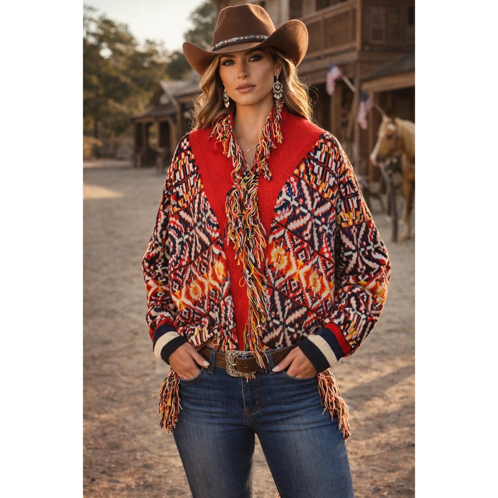 MOTHER Knit Fringe Open Cardigan Sweater‎ Southwestern Wool Peru Large